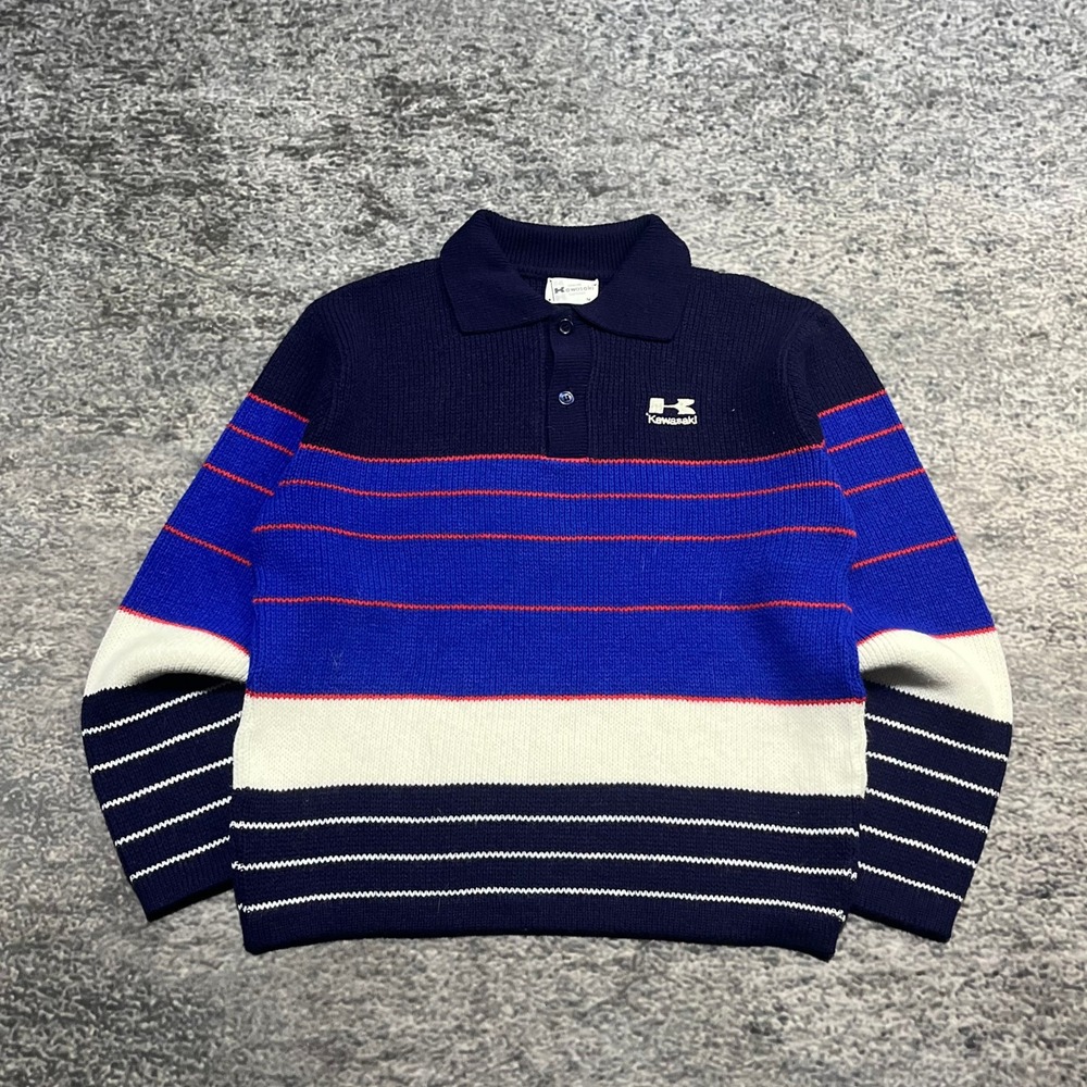 Vintage 1970s Kawasaki Sweater Snowmobile‎ Embroidered Size Medium Blue Knit